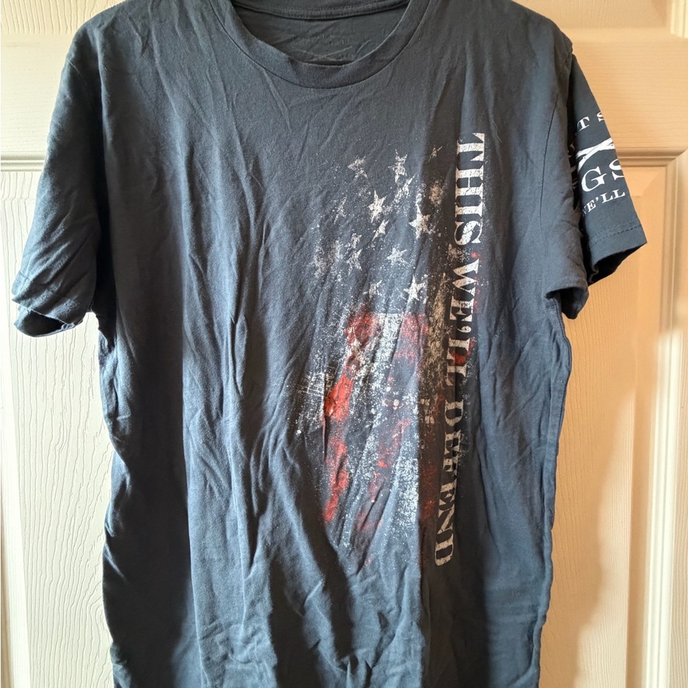 Grunt Style Black Short Sleeve Tee with Distressed Red & White Flag Graphic
